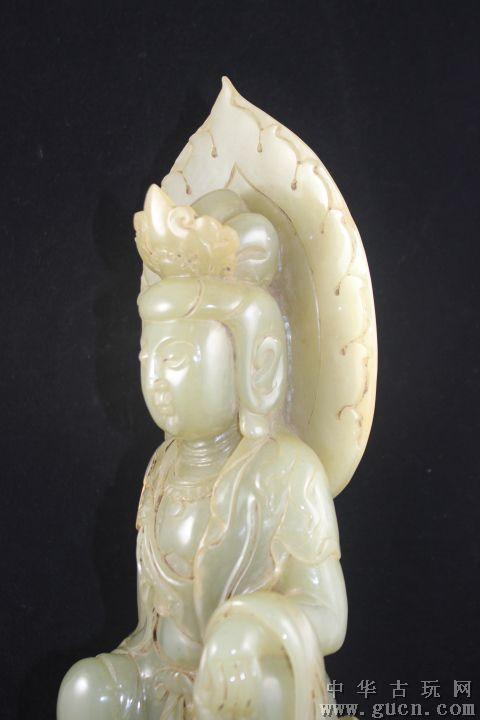 古玩 高古玉/汉玉/明清玉=和田玉青黄玉观音摆件