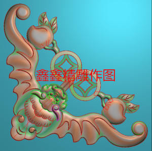 蝙蝠祥云如意寿桃双钱角花 有线 精雕图 雕刻图 jdp 浮雕图