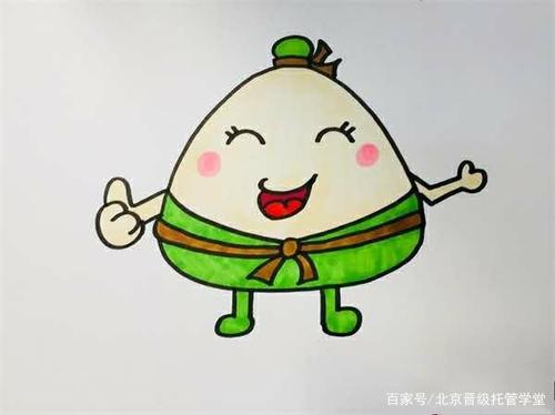 6,最后用绿色涂一下粽子的帽子和双脚,那么这个粽子简笔画就画好啦!