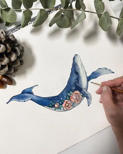 铅笔 水彩纸/宣纸 高光笔 4 鲸鱼蓝色部分用高光笔加上花纹,黄色部分