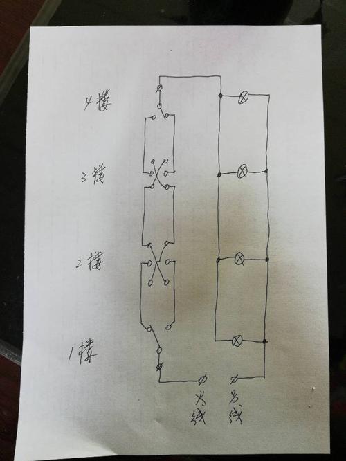 四层楼梯四个单联双控开关管四个灯,一楼能管能开,二楼能关能开,三楼