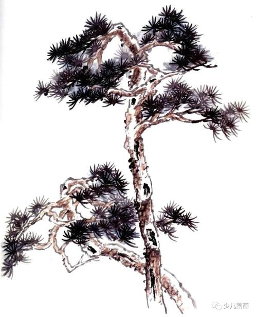 步骤一:用墨线勾出前后两株松树,一直一曲,富有变化,并且前后所用