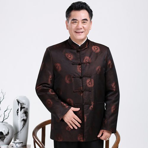 新款中老年男士长袖唐装复古薄棉袄外套 爸爸中式棉衣