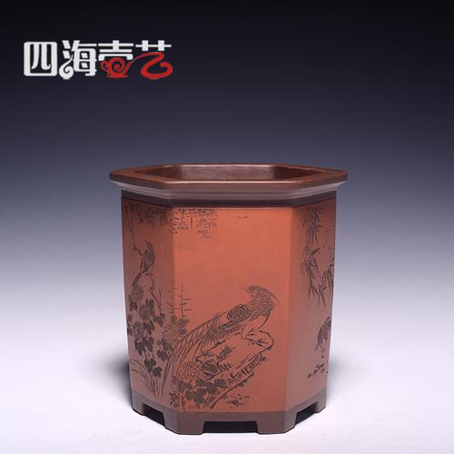 精品收藏名家紫砂花盆手工通转精刻粉桨小型花盆