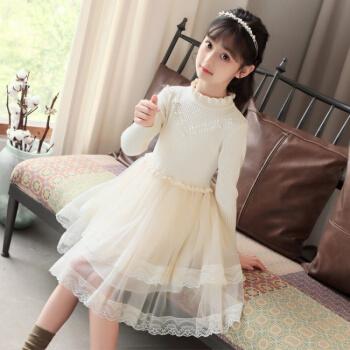 中大童加绒上衣网纱裙公主裙适合314岁小女孩穿的裙子米白色加绒款120