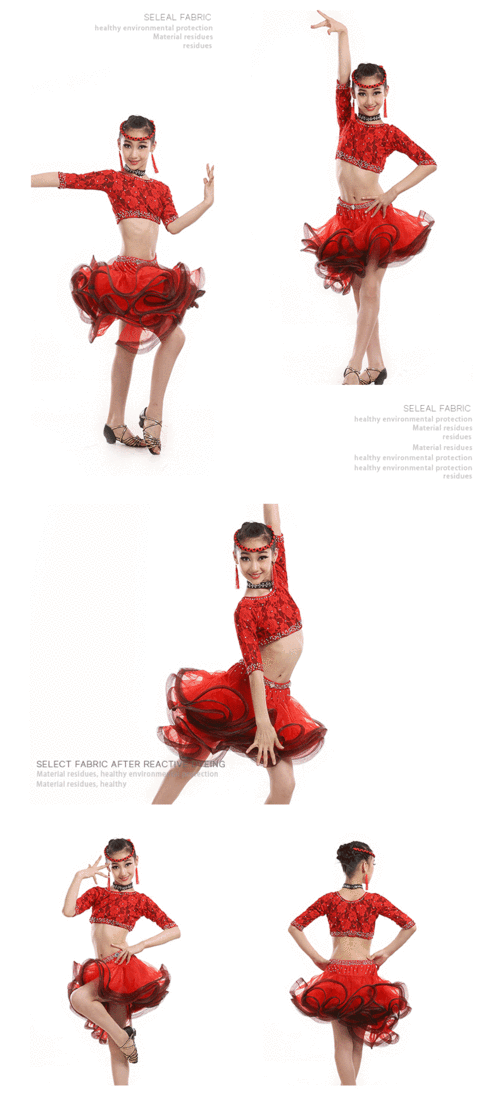 儿童拉丁舞服装考级比赛演出服女童蕾丝亮钻拉丁舞裙表演服舞蹈裙_8折