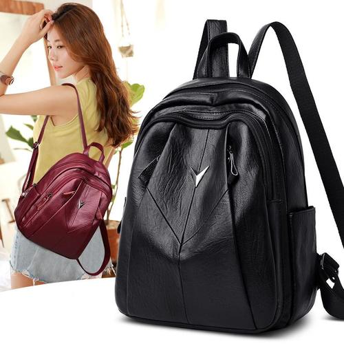 派尼美特袋鼠真皮质感双肩背包女2020新款软皮时尚背包简约大容量背包