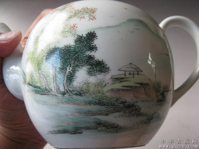 民国-浅绛彩-莲溪陶绘款-山水茶壶(标本,精残)