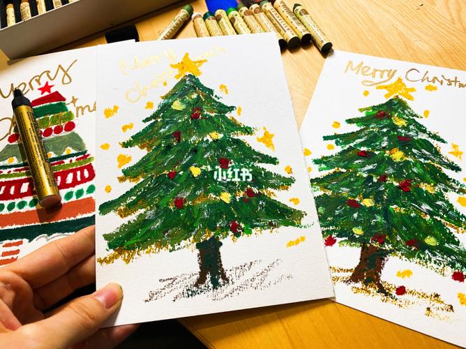 油画棒 圣诞树 圣诞卡手绘_圣诞树_油画_手绘_文化