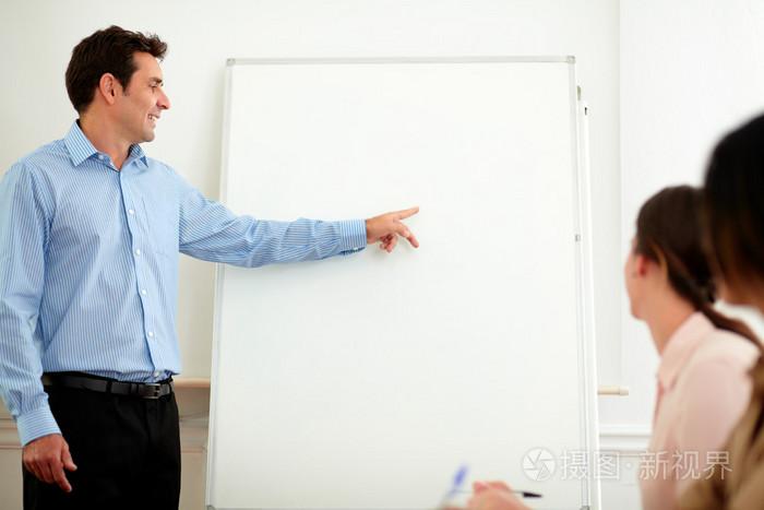 吸引人的西班牙裔男性指着白板