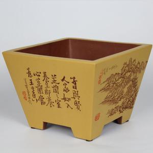 宜兴陶瓷紫砂花盆简约透气精品花卉绿植盆栽手工刻创意四方吴奎制