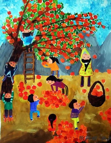 秋天果园里丰收的景象儿童画