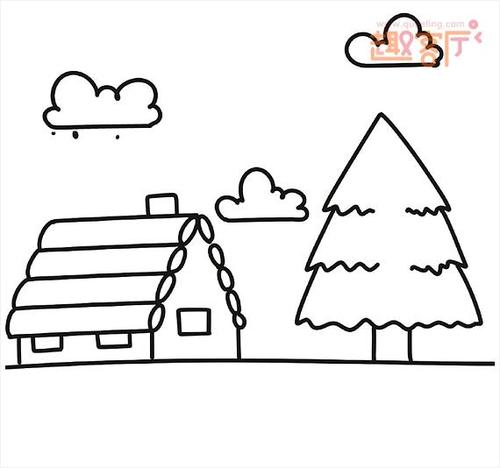 海边美丽村庄的风景简笔画,美丽的房子,大树,还有蓝天白云.
