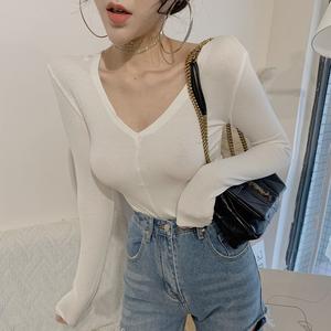 港味chic低胸上衣女春秋打底衫性感深v修身长袖显瘦紧身时尚低领
