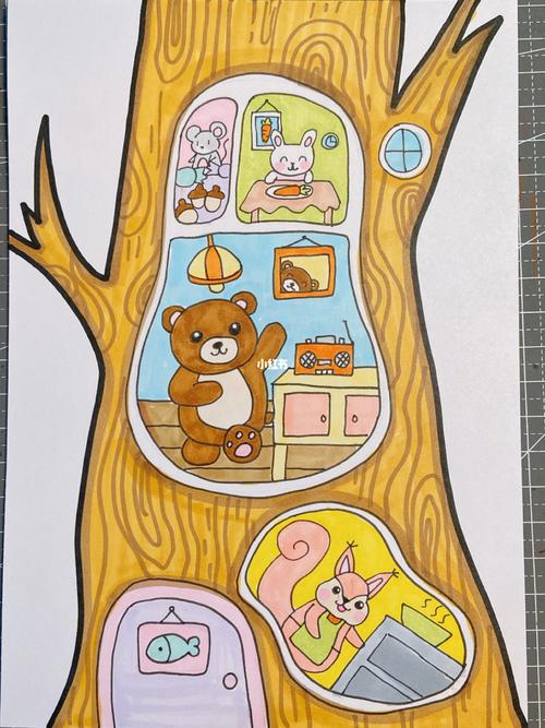 树洞里的动物 小熊兔子松鼠简笔画儿童画_简笔画_冬天