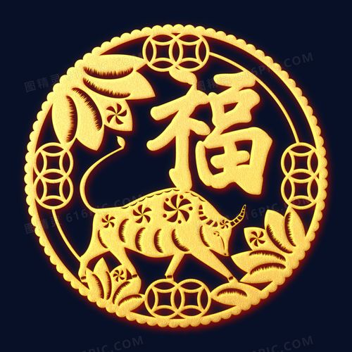 金色圆形福字福牛装饰元素