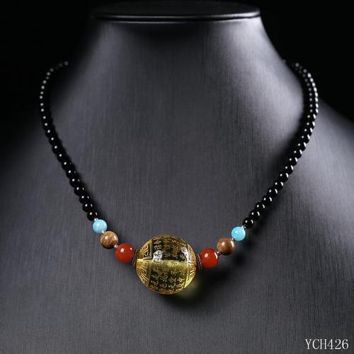 【黑玛瑙配金珀心经锁骨链】克重:29.3g 【编码:ych426】