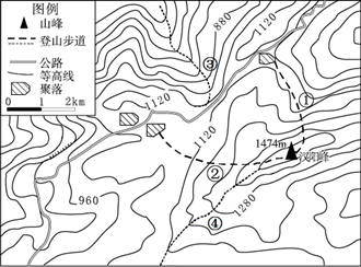 通往主峰b .多沿山谷穿行c .多与等高线平行d