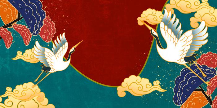 绿色国潮风格山水祥云风景元素