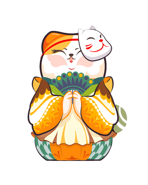 手绘卡通日式招财猫面具印花矢量图服装裁片t恤烫图印花花型素材