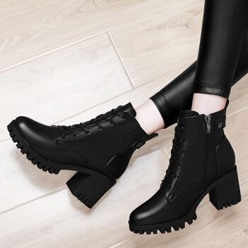 靴粗跟高跟马丁靴女英伦风女士皮鞋皮靴黑色百搭厚底中跟女靴子千娇蝶