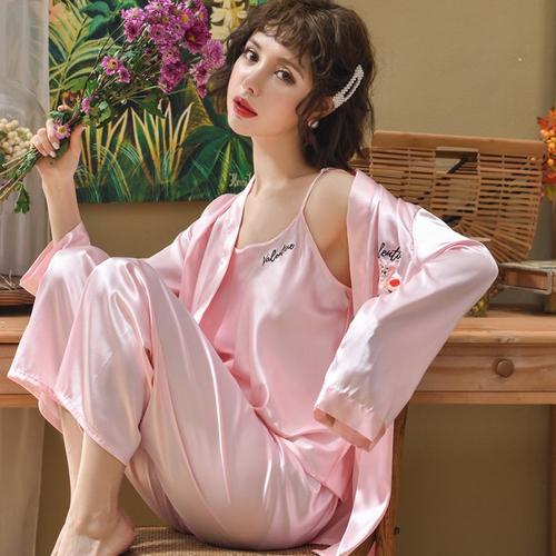 丝绸睡衣女夏天结婚春秋薄款三件套装夏季女人吊带长袖冰丝家居服(sc