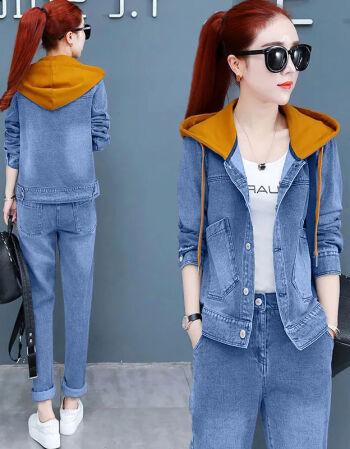 棠曹单套装2021春季新款洋气时尚显瘦休闲牛仔上衣外套裤子两件套黄色