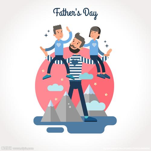 手绘两个孩子在父亲的肩膀上插画图片