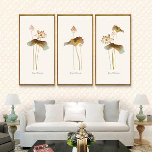 荷花三联手绘装饰画 中式无框画 高清艺术现代家居客厅装饰画