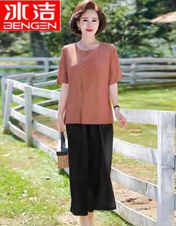 中老年女装夏装棉麻套装洋气大码短袖t恤50岁妈妈上衣气质两件套 15