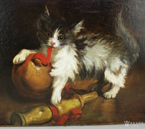 【西洋古董油画】19世纪法国《嬉戏的猫》油画 有作者签名