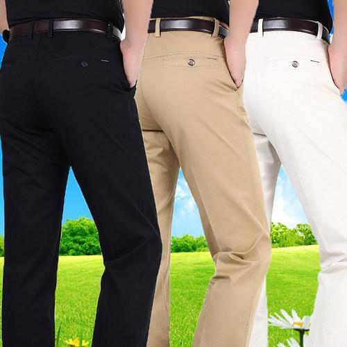 虎都休闲裤夏季薄款中年直筒纯棉宽松男裤商务高腰免烫男士长裤子