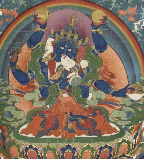 密集金刚唐卡 局部 萨迦班智达是萨迦传承第四祖,是西藏第一位荣获"