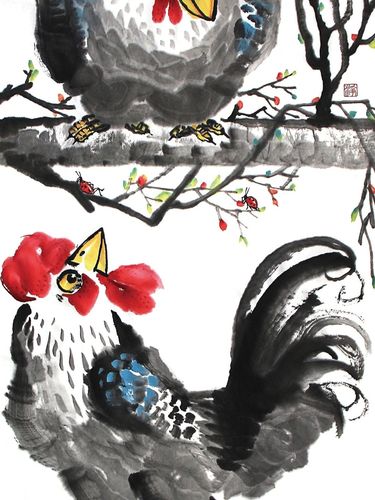 两幅竖构图萌趣水墨画公鸡系列_国画_水墨画_石家庄攻略_毛笔_颜料