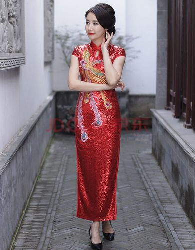 恒源祥闪光亮片走秀演出旗袍新款女礼仪宴会礼仪舞台加长款开叉夏装