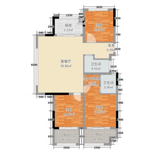 元垄大都会3室2厅2卫1厨122.00㎡户型图