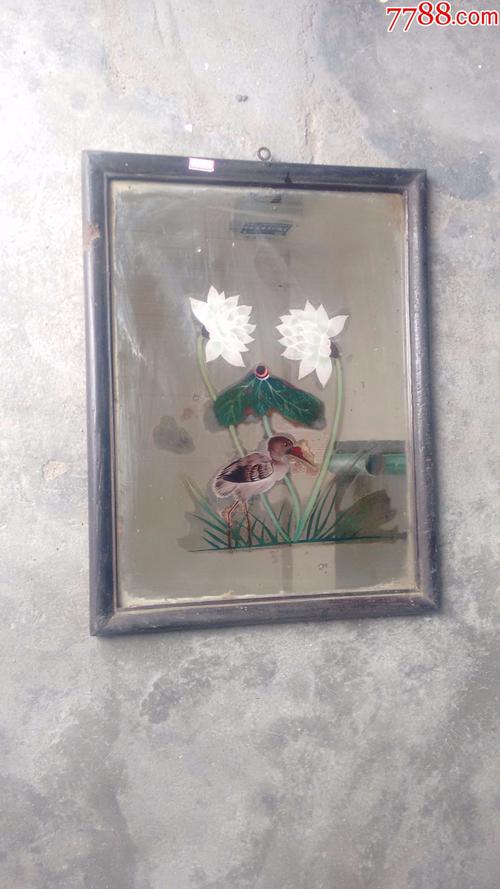 古董古玩民俗保真保老民国荷花白鹤玻璃画老玻璃画玻璃镜子74lyb2