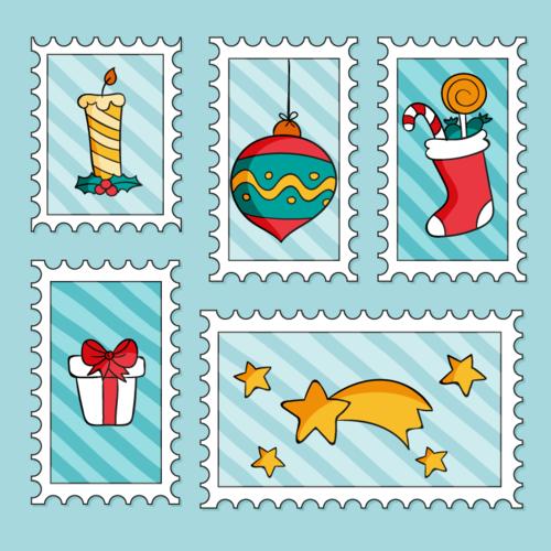 五张手绘风格的圣诞邮票矢量素材(ai/eps/png)