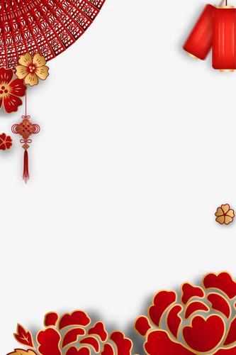 新年喜庆时尚背景,灯笼,中国结,手绘花朵,红色工艺扇,欢度春节,喜迎