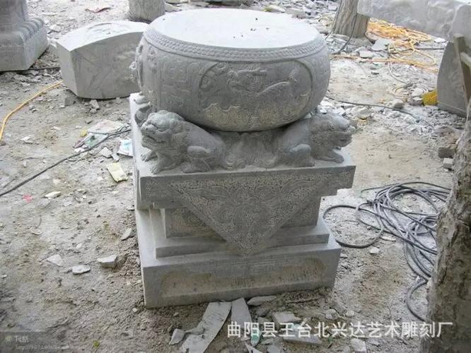 供应仿古石雕柱墩柱础 青石柱顶石 建筑构件狮子鼓墩