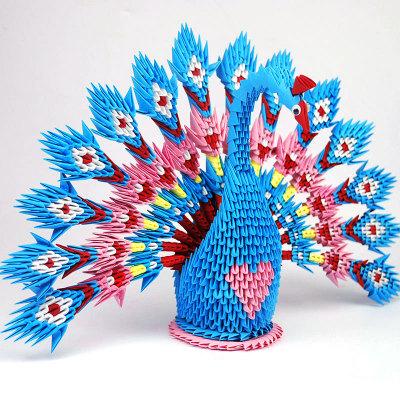 手工三角插纸折纸彩色手工制作蓝白孔雀开屏材料包送胶抢胶棒 diy