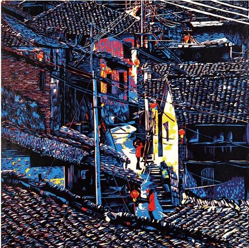 写美篇 山乡暖阳 warm sunshine in the mountain area 绝版套色木刻