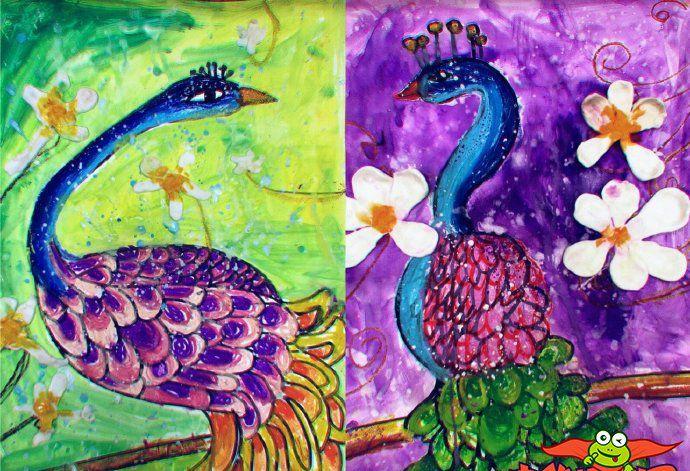 儿童创意美术绘画作品图片,鸡蛋花树上的孔雀