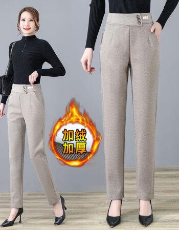 月袖毛呢哈伦裤子女2021秋冬新款加绒人字纹高腰宽松显瘦休闲萝卜裤女