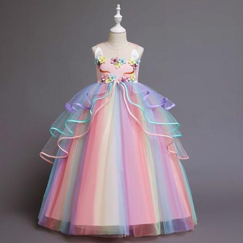 春夏9岁女童独角兽彩色网纱裙礼服长裙幼儿园学生甜美公主连衣裙