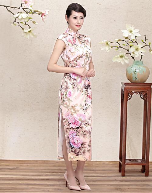 女款真丝印花长款旗袍