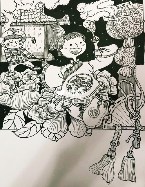 黑白装饰画 过年了06_装饰画_文化_绘画