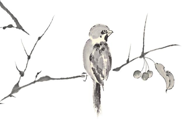 水墨画小鸟站在树枝上的小鸟水墨画关键词  中国画小鸟麻雀水墨画矢量