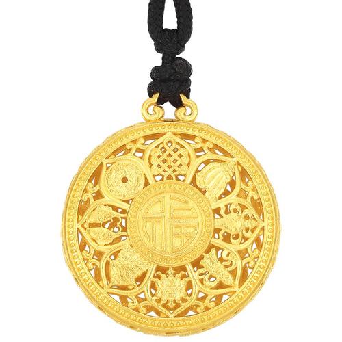 六桂福珠宝莲纹八宝牌古法黄金吊坠项链足金吊坠送配绳男女款