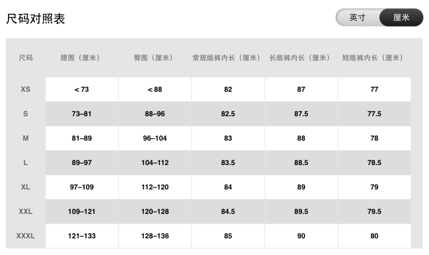 nike耐克男子运动裤-xssml品牌尺码表大全_对照表_选